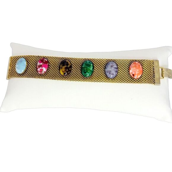 VTG Sarah Coventry Glass Cabochon Mesh Bracelet 8" Gold Tone Wide Multicolor - Picture 7 of 14